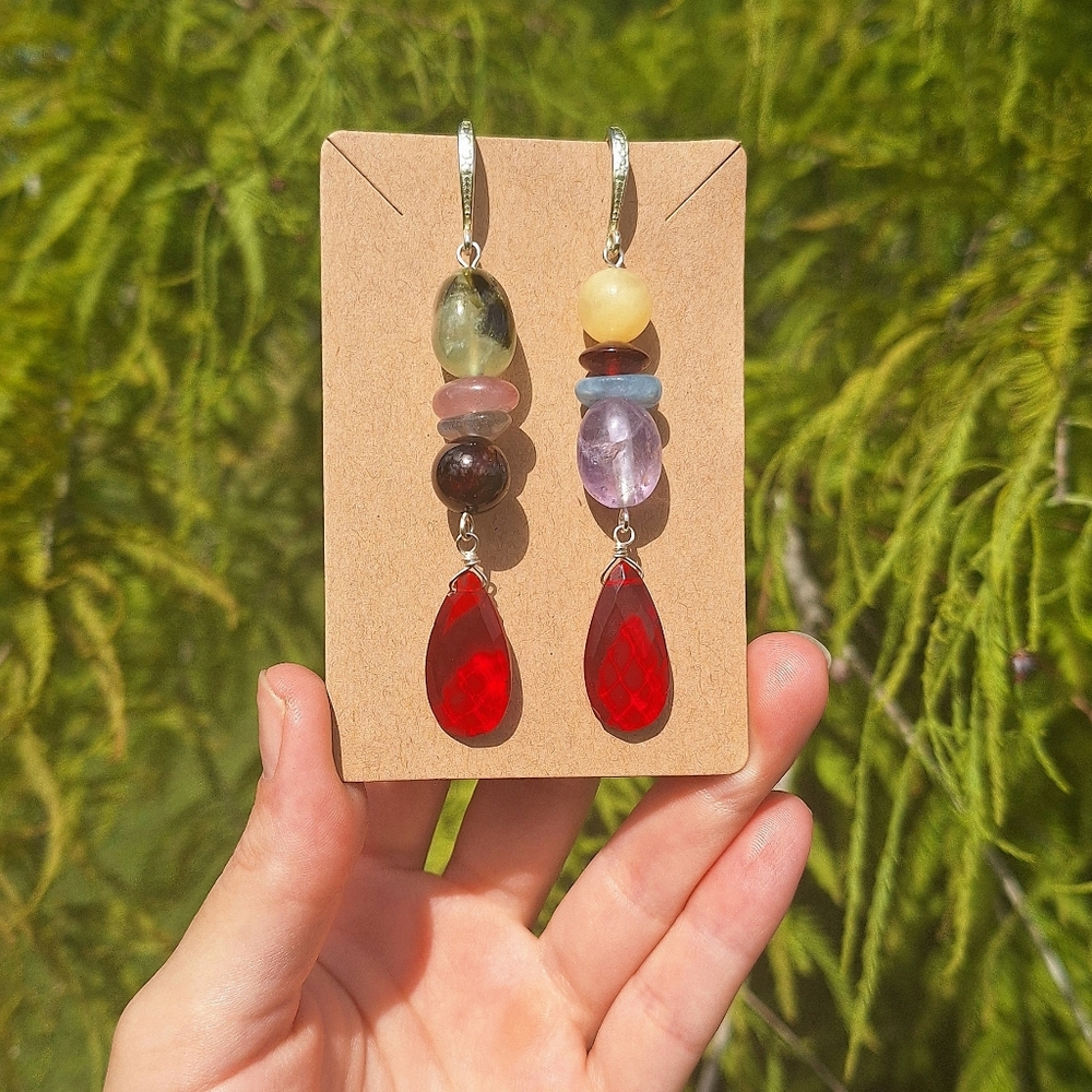Garnet, Yellow Jade, Amethyst Earrings ~ Artisan Jewelry